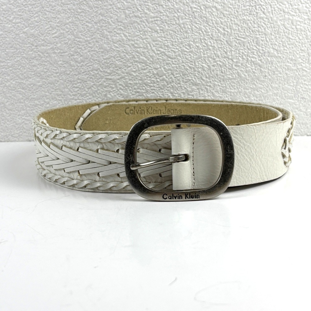 VTG Calvin Klein Jeans Belt Womens S White Leather Woven Braided Y2K